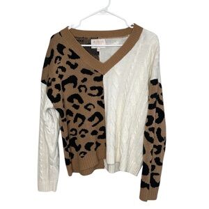 Audrey Parks + Francesca's Animal Print Colorblock V-Neck Sweater Small